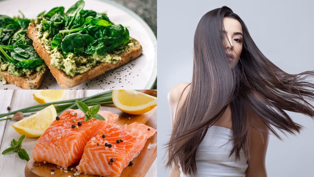 Spinach on toast, salmon, and a woman with healthy hair.