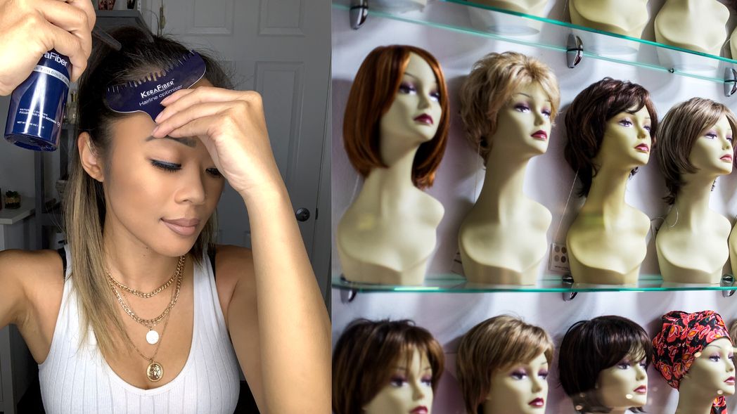 Woman using KeraFiber. A shop full of wigs. Concept of hair building fibers vs wigs.